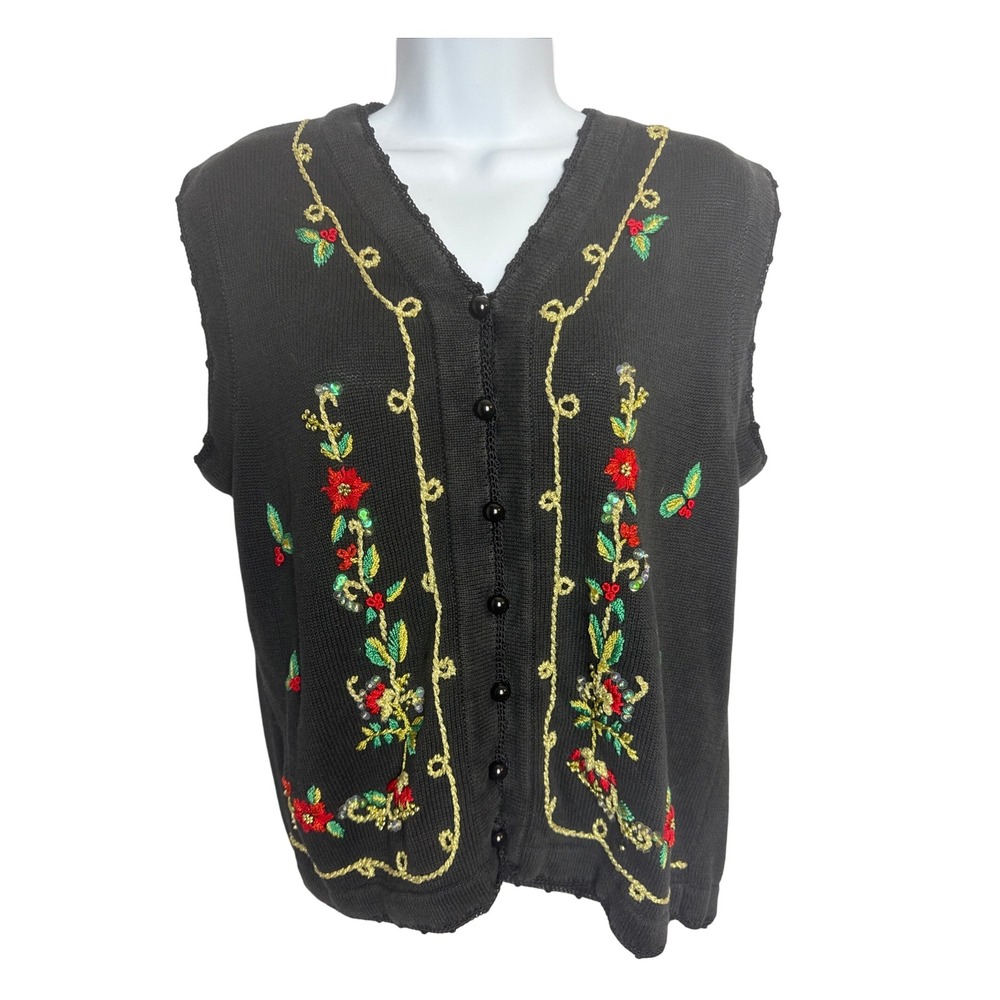 Vintage Black Knit Sleeveless Cardigan Vest Floral Embroidered‎ Holiday Party